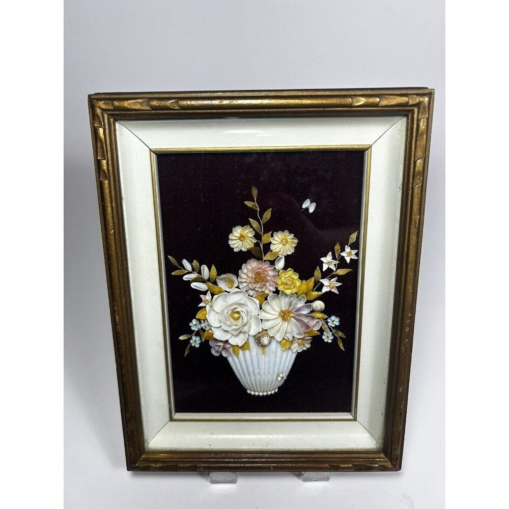 Vintage Gold Framed Shell Art Floral Retro Shabby Chic Boho. Kitschy